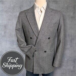 KENNETH ROBERTS Vintage Double Breasted Men Blazer Sport Coat Jacket 40L Gray